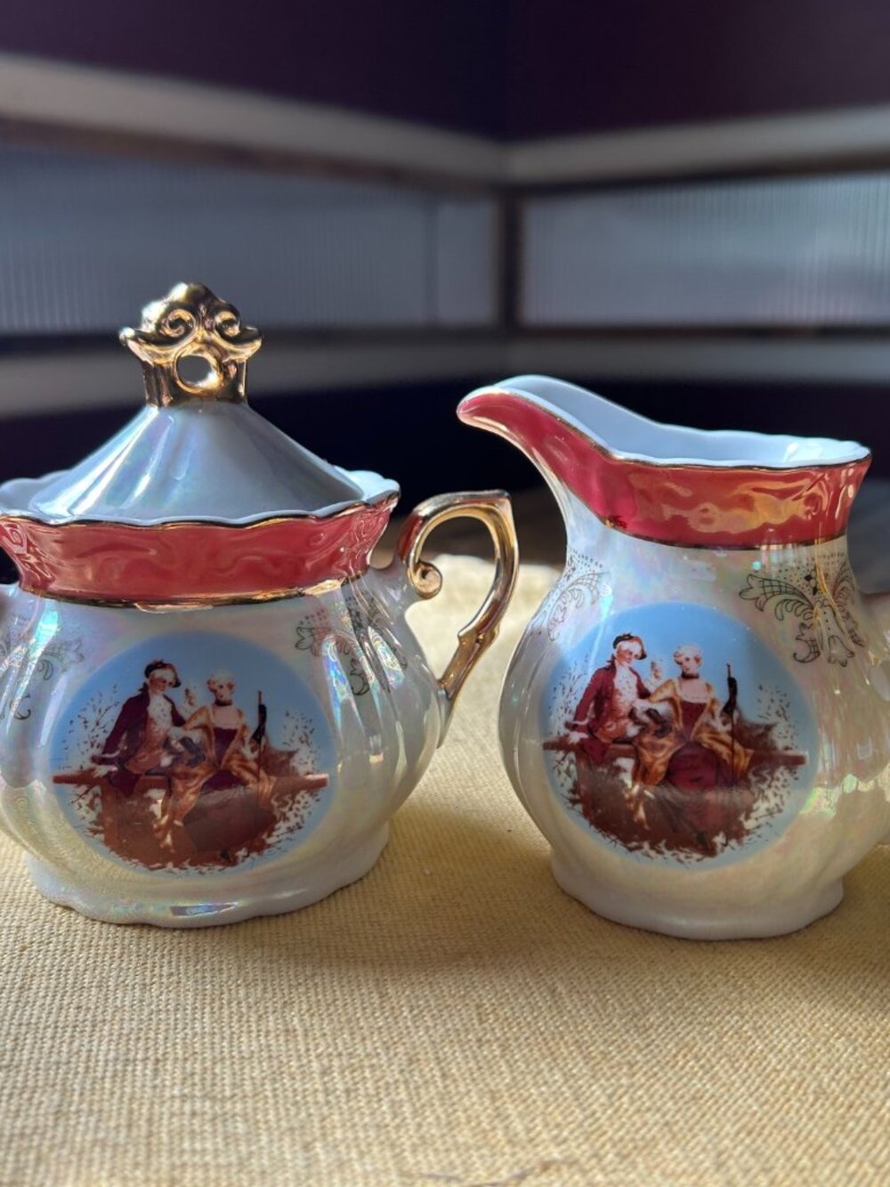 Vintage Fragonard Creamer & Sugar bowl  "Courting Couple"  set  5.5 in height
